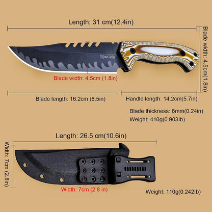 BA-KOR 12.4in Full Tang Fixed Blade Hunting Knife – 6mm 9CR18MoV Steel, G10 Handle, Stonewashed Sawback Blade with Kydex Sheath & Fire Starter for Outdoor, Camping, Survival (White and brown stripes)