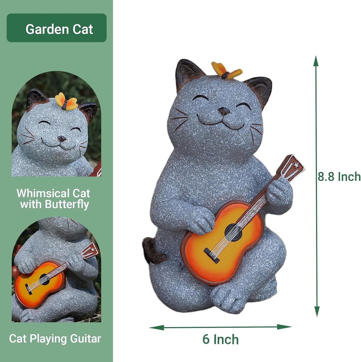 Cat Garden Statue Outdoor Decor, Cat Sculpture with Guitar and Butterfly for Yard Lawn Patio Balcony, Christmas Birthday Housewarming Gifts for Mom, Grandma, Women, 8.8 inch, Resin