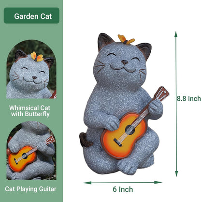 Cat Garden Statue Outdoor Decor, Cat Sculpture with Guitar and Butterfly for Yard Lawn Patio Balcony, Christmas Birthday Housewarming Gifts for Mom, Grandma, Women, 8.8 inch, Resin
