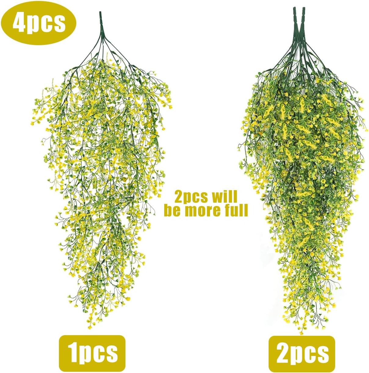 RECUTMS 4Pcs Artificial Hanging Ferns Plants with 30 Lights Fake Ivy Vine Faux Greenery Garland for Porch Fence Patio Yard Wedding Party Indoor Outdoor Decorations (Yellow)