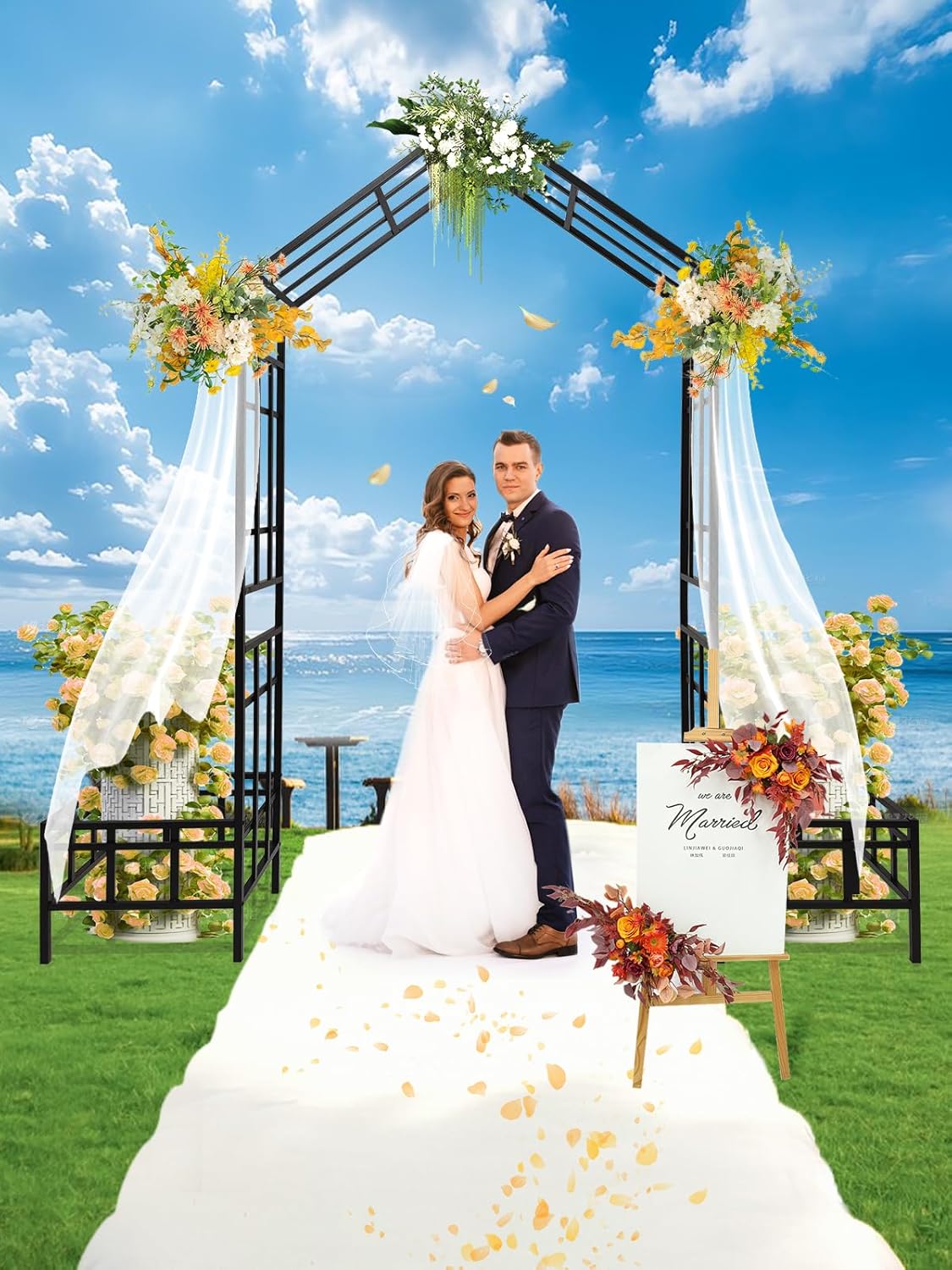 Kalolary 2 in 1 Metal Garden Arbor with Plant Box, 8FT House Shape Garden Arch Trellis for Climbing Plants Heavy Duty Steel Pergola Arch for Wedding Party Backyard Outdoor (Freely Adjustable Width)