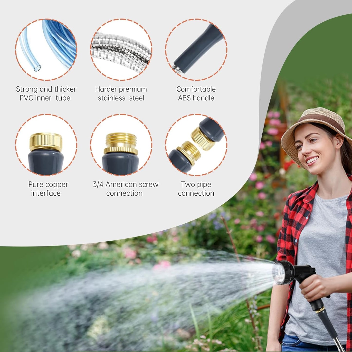 Stainless Steel Garden Hose 75 ft Heavy Duty Metal Water Hoses with 10 Function Water Hose Nozzles for Yard Outdoor