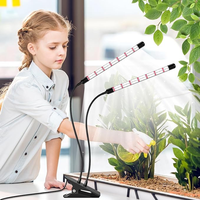 2 Head Grow Lights for Seed Starting, Full Spectrum Grow Lights for Indoor Plants with 6/12/18H Timer, V-Shaped Design Light, 5 Dimmable Level, Plant Lamp Clip-on Desk for Indoor Plant Growing