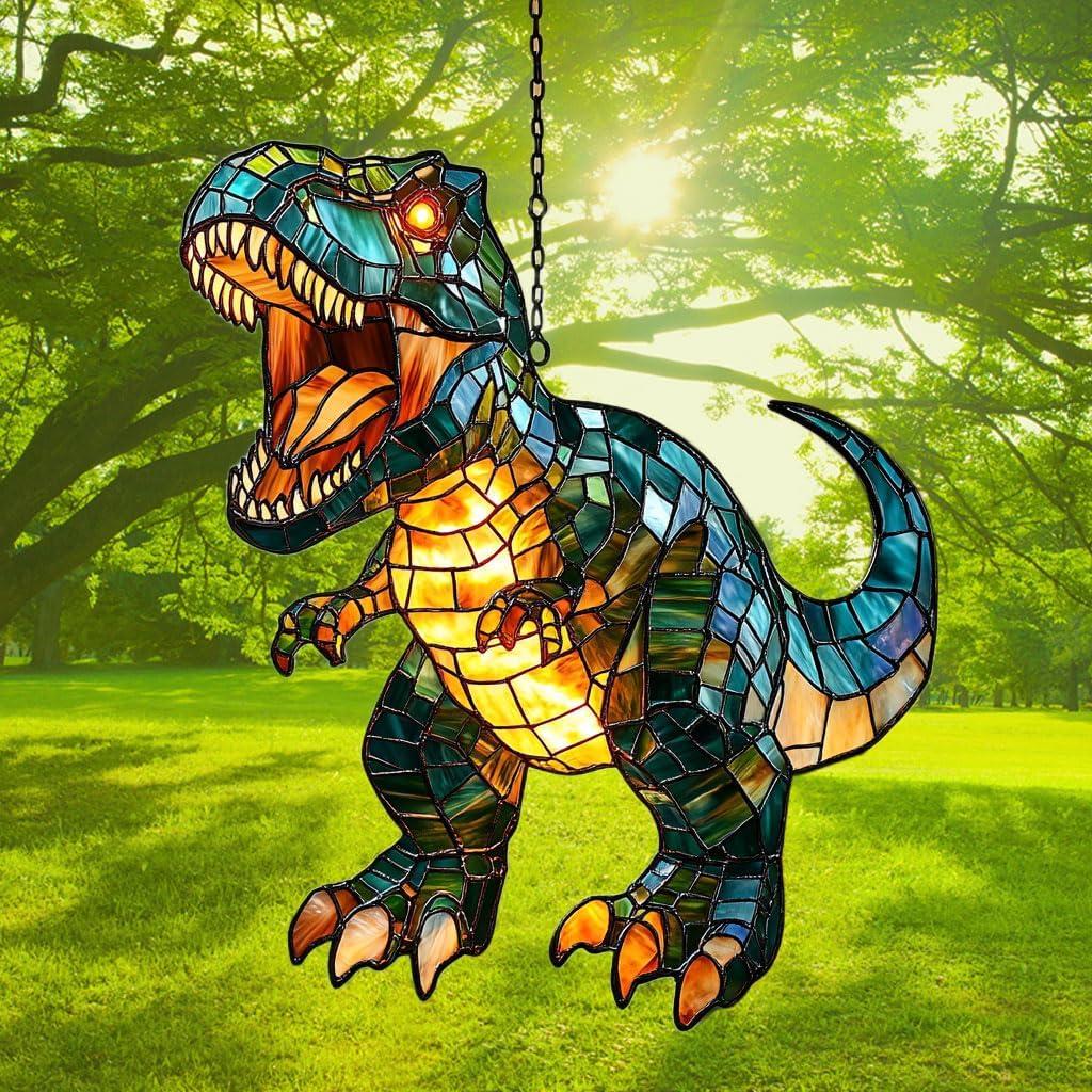 Fierce T-rex Acrylic Suncatcher Stained Glass Effect Window Car Hanging Christmas Ornament Indoor Outdoor Decor Garden Sun Catcher Panel for Dinosaur Lover for Women Mom Grandma