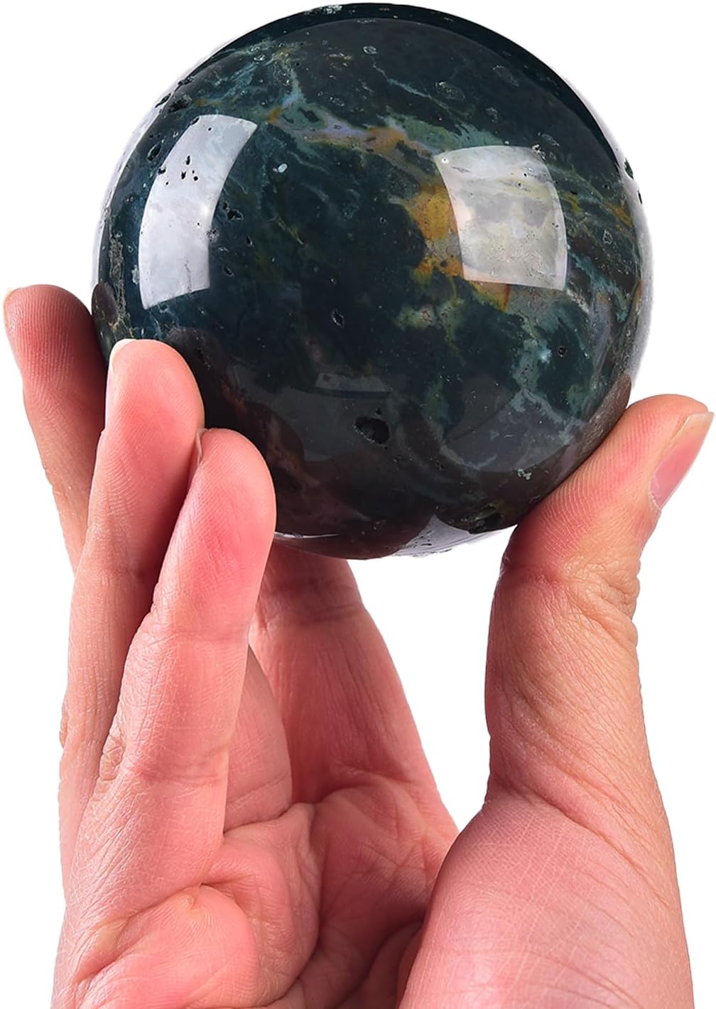 JIC Gem Natural Ocean Jasper Crystal Sphere Decorative Ball with Wooden Stand Meditation Balls for Witchcraft Reiki Healing Gift 50-60mm