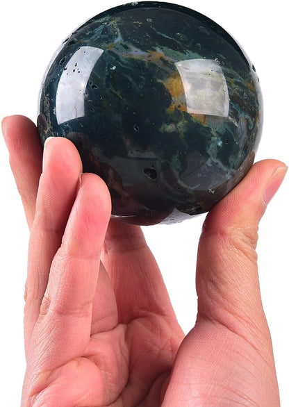 JIC Gem Natural Ocean Jasper Crystal Sphere Decorative Ball with Wooden Stand Meditation Balls for Witchcraft Reiki Healing Gift 50-60mm