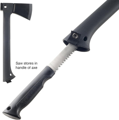 Camping Hand Axe and Survival Gear - Lightweight Hatchet with Nested Serrated Wood Saw Knife and Magnesium Fire Starter Tool by Wakeman (Black)