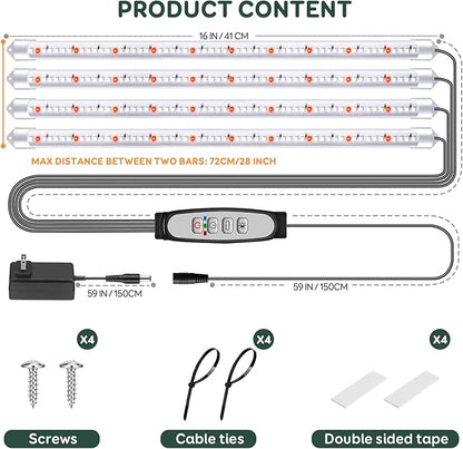 4 Bars Grow Light Strips for Indoor Plants with Auto ON/Off Timer 6/12/18H, 5 Dimmable Levels for Shelves Plant Growing(Pack 1)