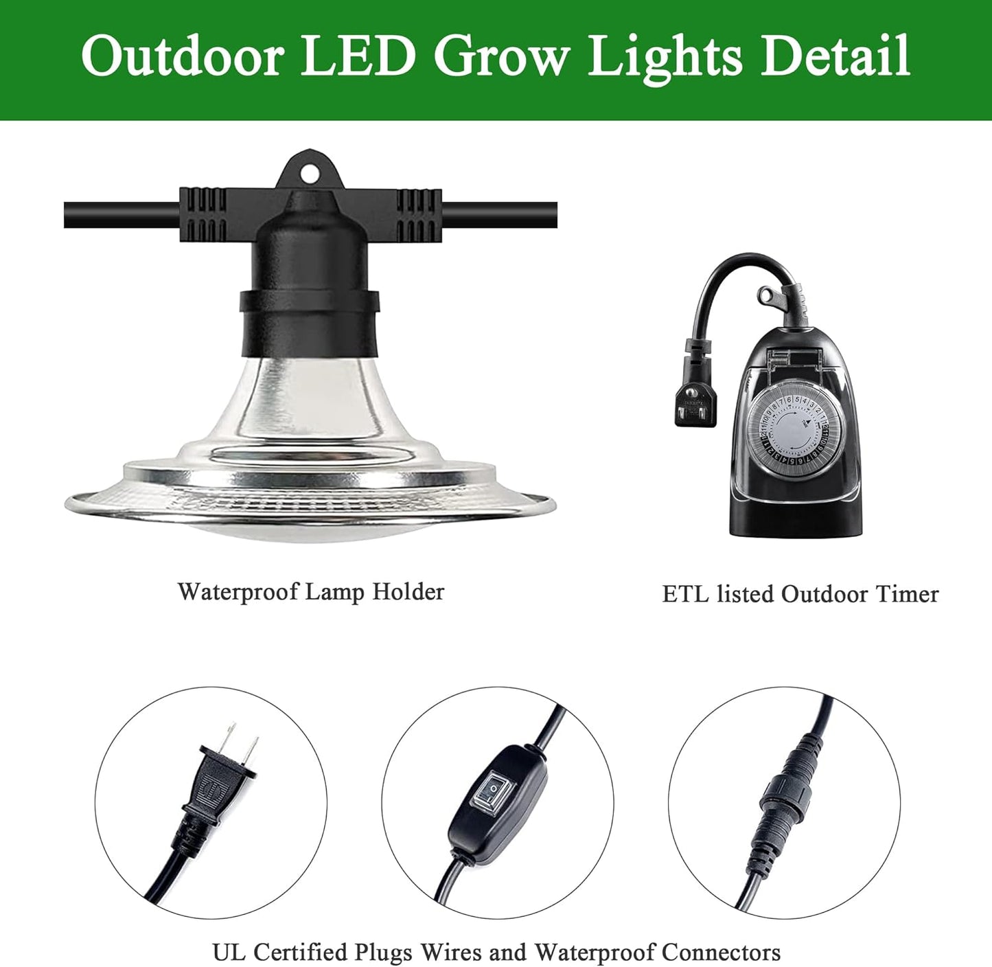 Outdoor LED Grow Lights, Waterproof String Plant Growing Light, Full Spectrum Growth Light with Timer, Suitable for Garden, Farm, Flower, Seedling Greenhouse Grow Light (6 Lights)