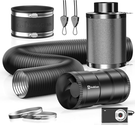 Hon&Guan 4" Air Filtration Kit: 4 Inch Inline Duct Fan with Speed Controller, 10" High Carbon