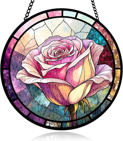 Pink Rose Stained Glass Window Hanging, Sun Catcher Panel Decorations for Window, Pink Bloom Ornam Decor, Flower Wall Hanging Ornament Decor, Glasswork Gifts for Mother, Bridal Shower, Housewarming