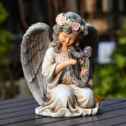 Solar Garden Outdoor Statues Lights, Resin Angel Figurine Light for Patio, Balcony, Yard, Lawn Ornament, Unique Housewarming Gifts and Yard Decor (Angel Plays)