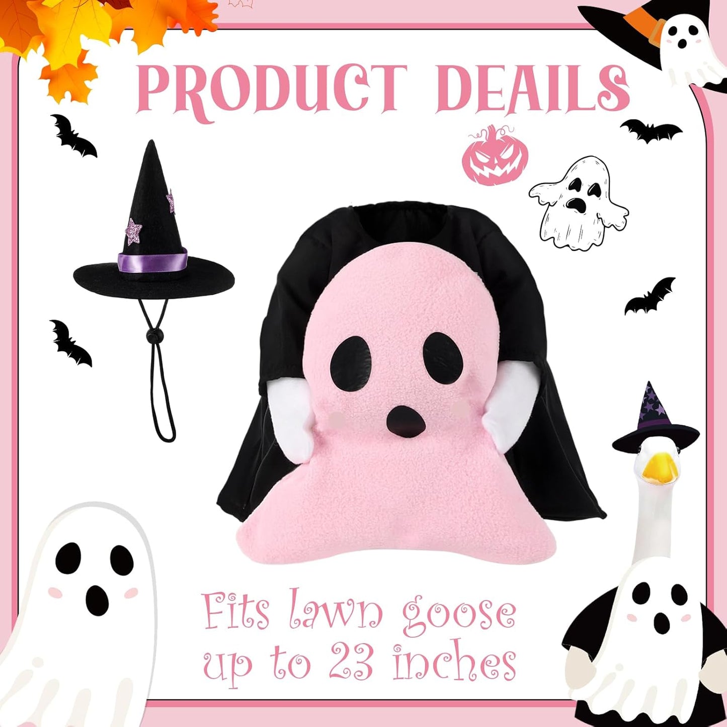 Sanwuta 1 Set Halloween Porch Goose Outfit Pink Ghost Pillow Design with Witch Hat for 23" Lawn Cement Goose Porch Geese Clothes Costume for Halloween Garden Patio Yard Outdoor Decorations