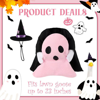 Sanwuta 1 Set Halloween Porch Goose Outfit Pink Ghost Pillow Design with Witch Hat for 23" Lawn Cement Goose Porch Geese Clothes Costume for Halloween Garden Patio Yard Outdoor Decorations