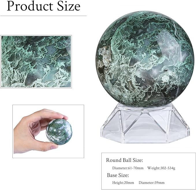 Natural Moss Agate Crystal Ball with Acrylic Display Base, 61-70mm Polished Stone Feng Shui Crystal Sphere Meditation Decoration for Home & Office
