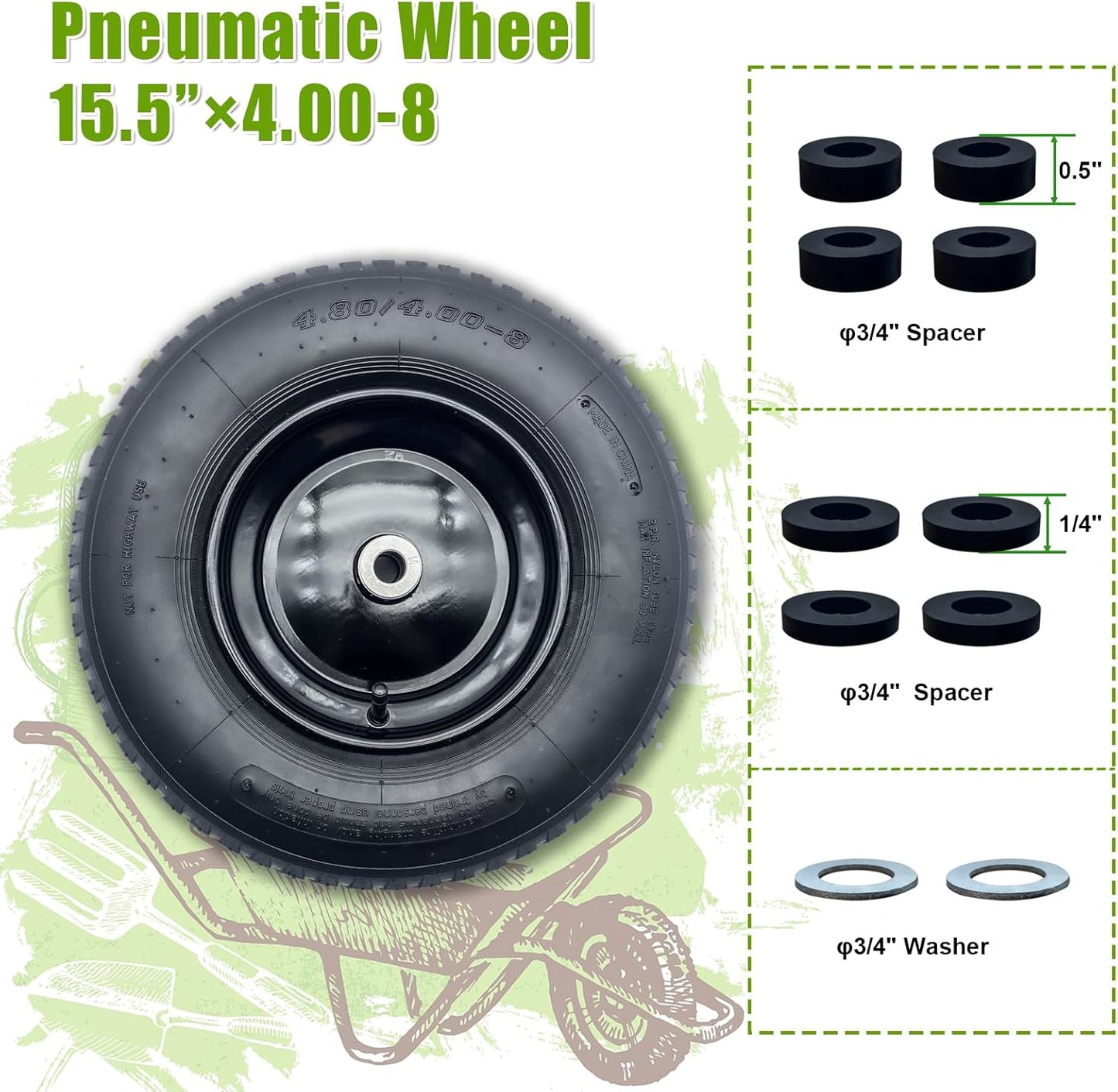 2-Pack 4.80/4.00-8" Pneumatic Wheelbarrow Wheel and Tires with 3"- 6" Center Hub and 3/4" Bushings for Wheelbarrow and Yard Cart Garden Wagon, Black