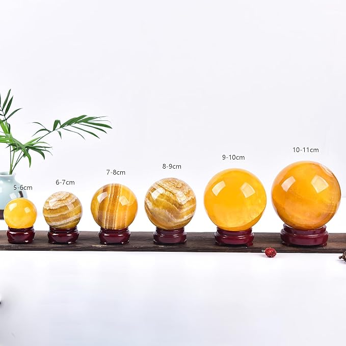JIC Gem Natural Yellow Fluorite Crystal Sphere Crystal Decorative Ball with Wooden Stand Meditation Balls for Witchcraft Reiki Gift 50-60mm