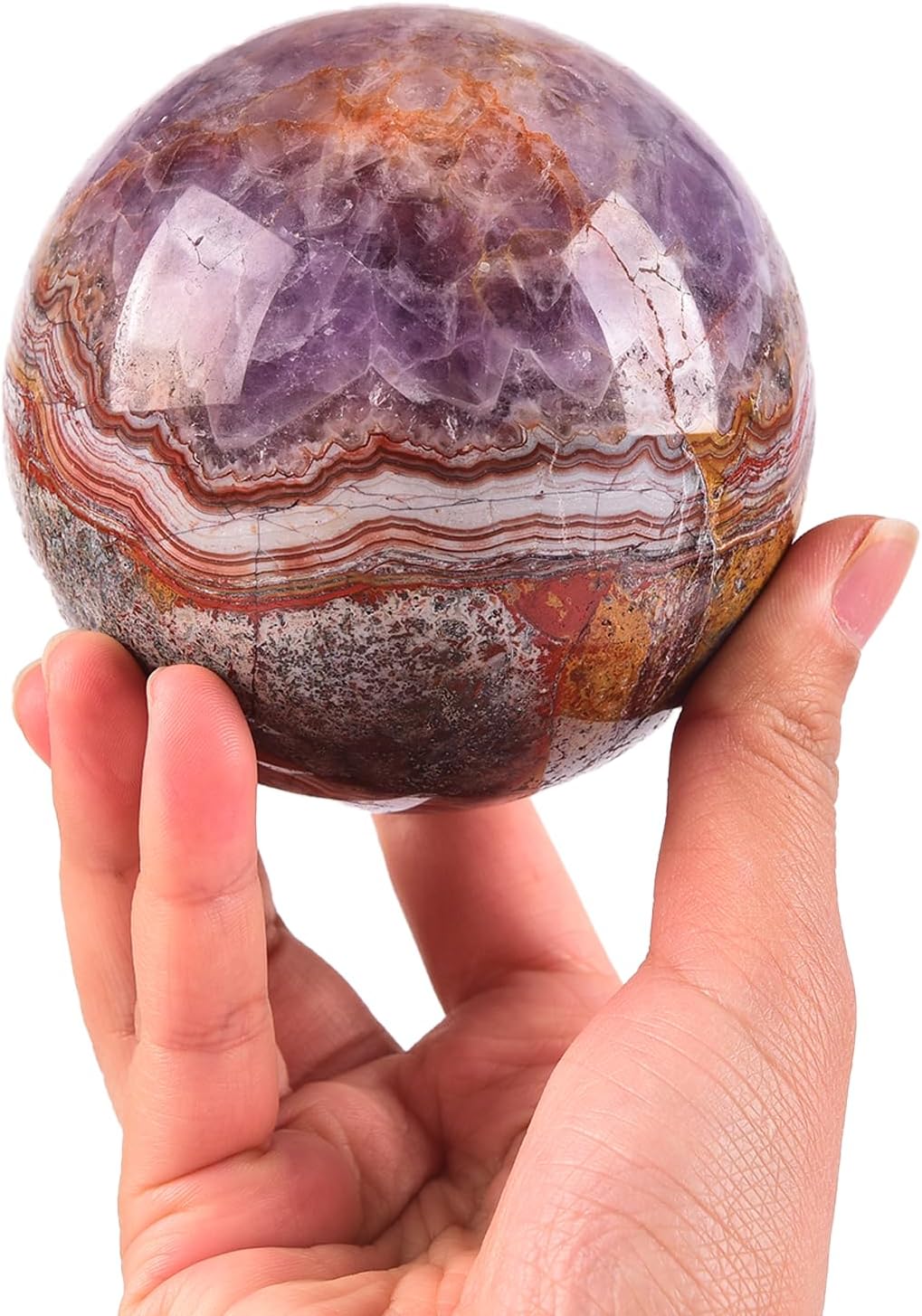 JIC Gem Large Amethyst Healing Crystal Sphere with Stand Amethyst Agate Crystal Decorative Ball for Home Decor Altar Reiki Healing Gift 80-90mm