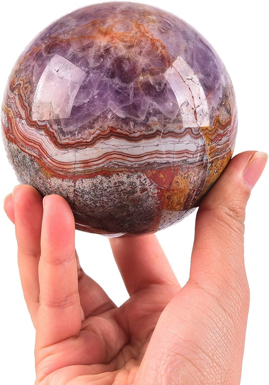 JIC Gem Large Amethyst Healing Crystal Sphere with Stand Amethyst Agate Crystal Decorative Ball for Home Decor Altar Reiki Healing Gift 80-90mm