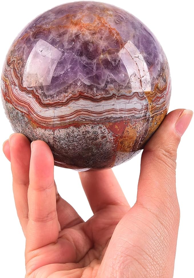 JIC Gem Large Healing Crystal Sphere Ball with Wooden Stand Amethyst Agate Crystal Decorative Ball Meditation Feng Shui Decor 90-100mm