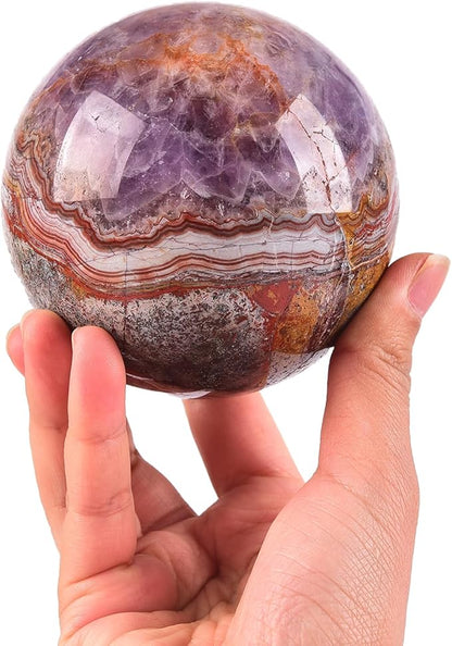 JIC Gem Natural Amethyst Agate Crystal Sphere with Wooden Stand Amethyst Decorative Crystal Gemstone Sphere for Meditation Feng Shui Witch-Style Decor Table 70-80mm