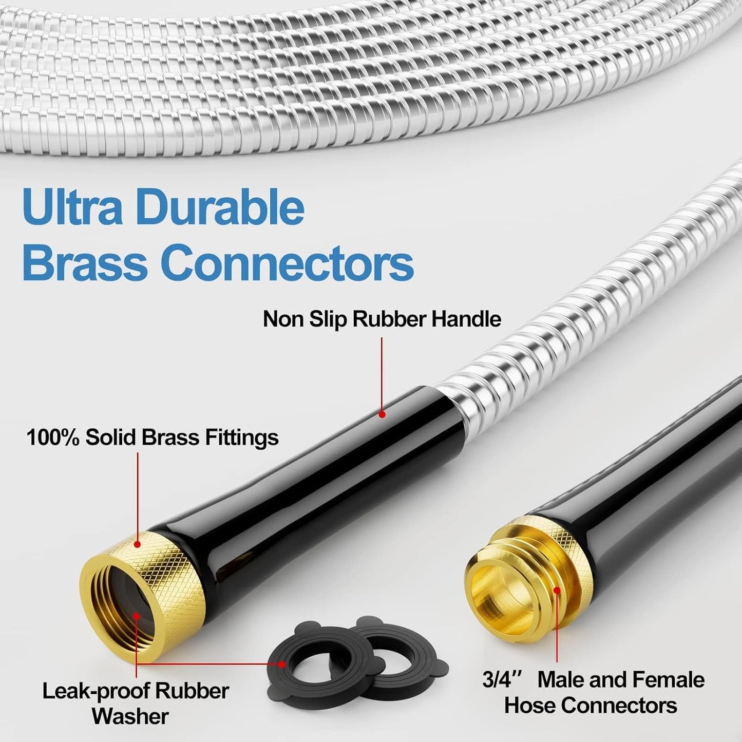 SPECILITE 100 ft 304 Stainless Steel Garden Hose Metal Heavy Duty Water Hose, Flexible Water Hose Pipe with 3/4" Solid Brass Connectors, No-Expandable Garden Hoses with Rubber Grip for Yard, Outdoor