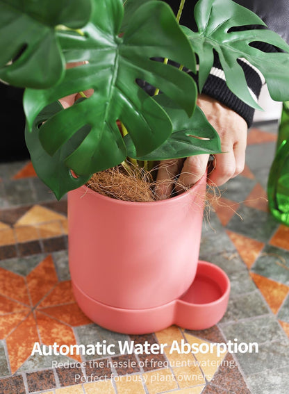 5.5 Inch Ceramic Self Watering Planters with Absorbent Cotton Rope, Cylinder Round Flower Pot for Succulent, Herbs, African Violets, Pink, 1 Pack
