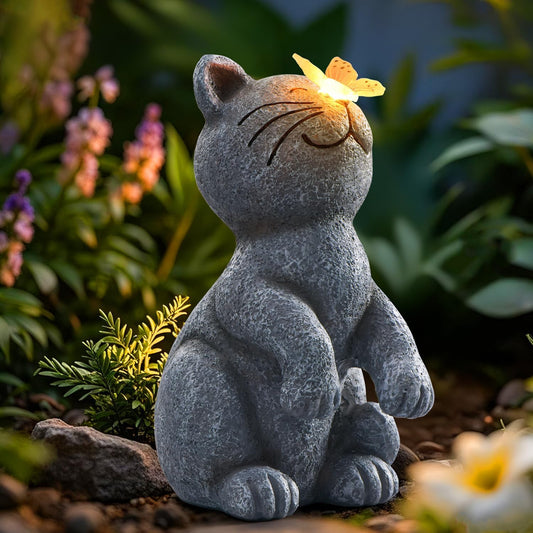 DyBaxa Solar Garden Décor, Garden Statues, Gifts for Women, Mom, Grandma, Patio, Balcony, Yard Decorations Outdoor - Unique Birthday & Housewarming Gifts, Cat Decor with Butterfly Light