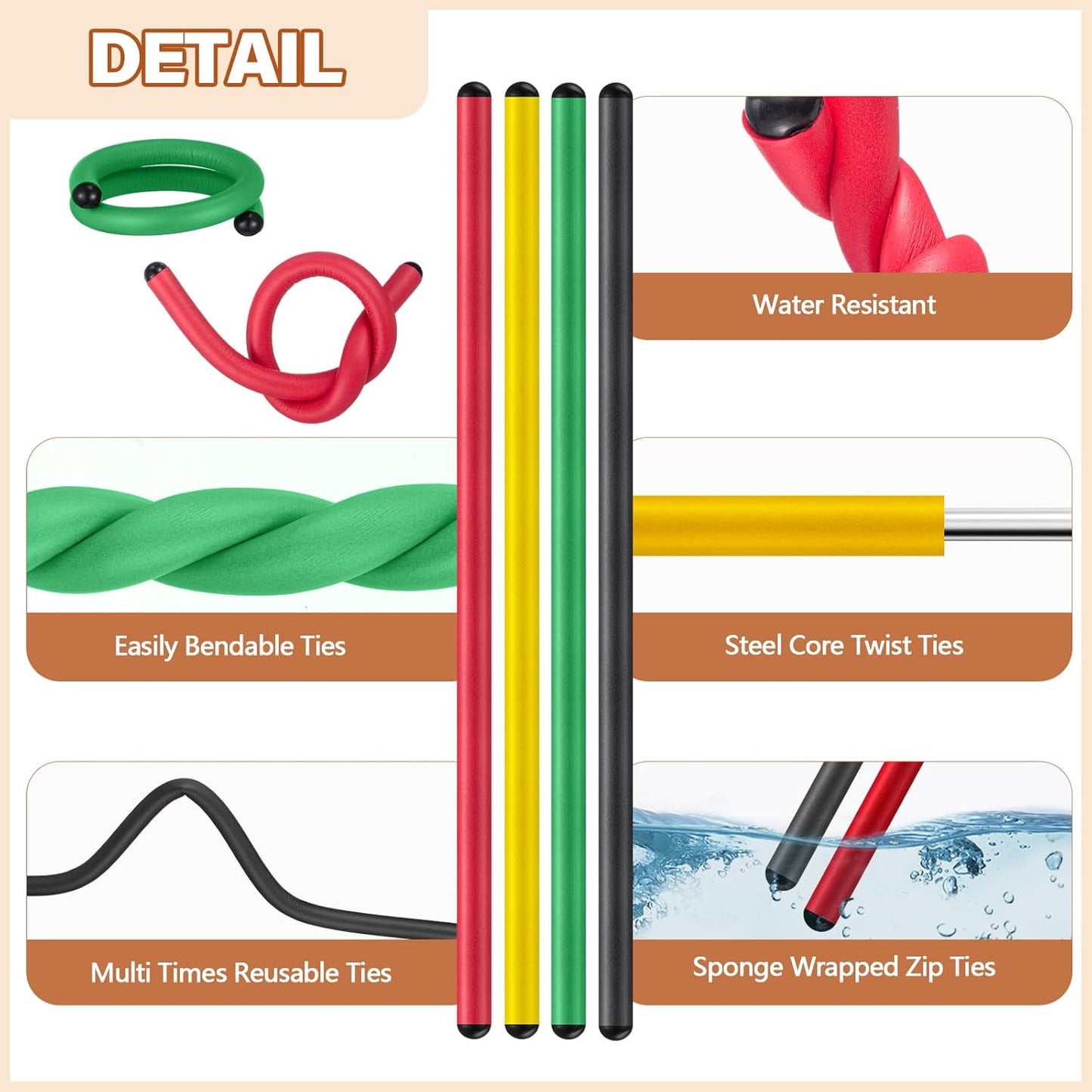 20 Pcs 17 Inch EVA Foam Twist Rubber Ties Reusable Bendable Cable Tie Straps Flexible Heavy Duty Twisty Ties for Organizing Cords Bundling (Red,Yellow,Green,Black)
