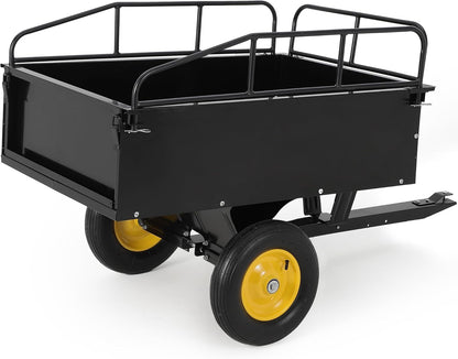 500LBS Heavy Duty Tow Behind ATV Trailer, Steel Dump Cart, Garden Utility Trailer with Removable Tailgate for Riding Lawn Mower Tractor, Black