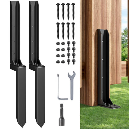 Fence Post Repair Kit，Heavy Duty Steel Fence Post Anchor Ground Spike ，Quick Fix Broken/Leaning Wood Posts with，and Fixed Fence Posts（2-Pack）