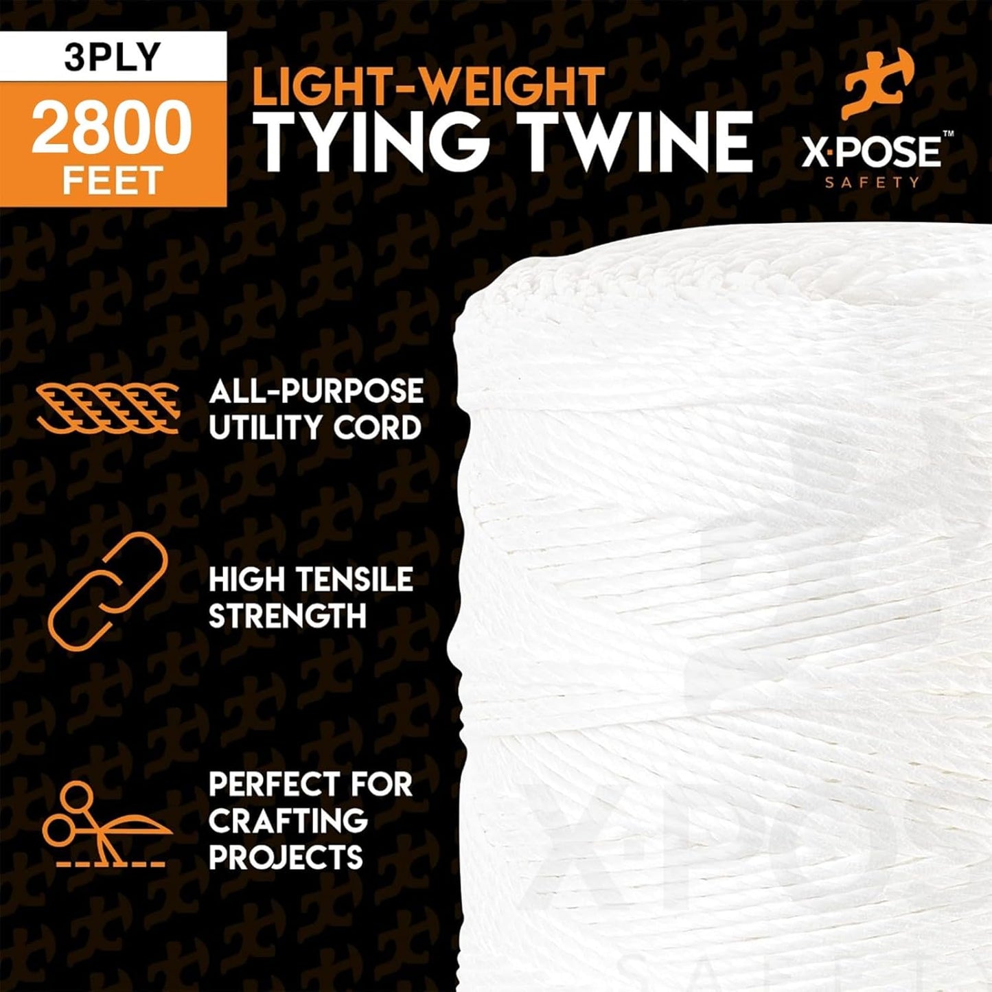 Polypropylene Tying Twine - 3 Ply White Plastic Poly Twine String 2800' Roll - Soft On Hands - Heavy Duty Outdoor & Indoor Tie Line - Baling, Shipping & Bundling Twine, Packaging Rope