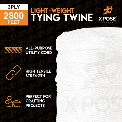 Polypropylene Tying Twine - 3 Ply White Plastic Poly Twine String 2800' Roll - Soft On Hands - Heavy Duty Outdoor & Indoor Tie Line - Baling, Shipping & Bundling Twine, Packaging Rope