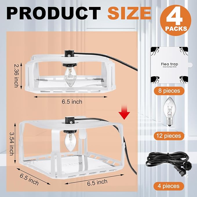 Qualirey 4 Packs Flea Traps for Inside Your Home with 8 Sticky Disc 12 Bulbs 4 Electric Wires, Pest Insects Killer Bed Bug with Light for Indoor Safe to Pets(Square Flea Trap,White)