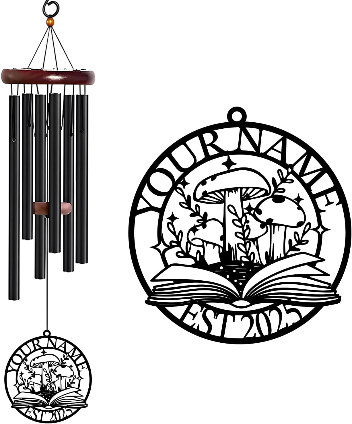 Personalized Customize Name Fantasy Mushroom Wonderland Wind Chime, Metal Iron 37 Inch Outdoor Memorial Gift for Garden Yard Patio Home Decor, Black (Style C)