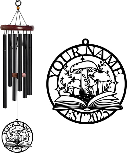Personalized Customize Name Fantasy Mushroom Wonderland Wind Chime, Metal Iron 37 Inch Outdoor Memorial Gift for Garden Yard Patio Home Decor, Black (Style C)