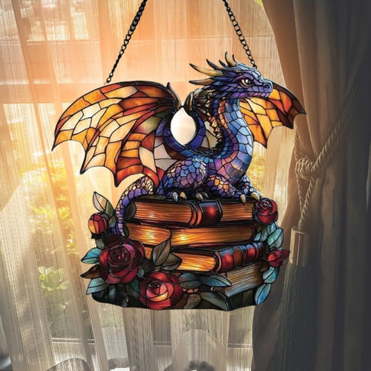 Dragon and Book Bookish Acrylic Suncatcher Stained Glass Effect Window Car Hanging Christmas