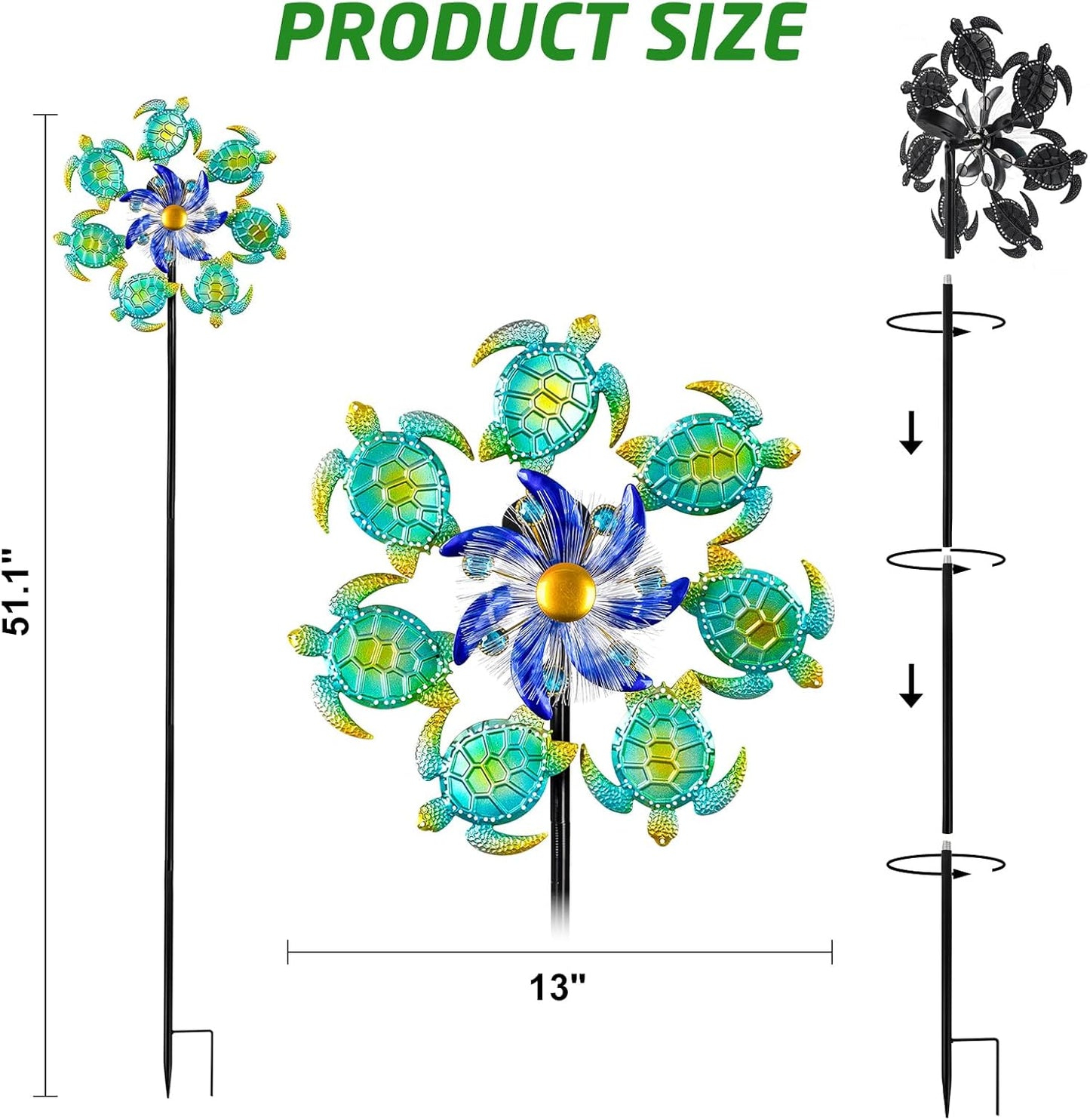 Sea Turtle Outdoor Solar Wind Spinners for Yard - 51" Metal Wind Sculptures Garden Stake with Color Changing LED Lights 360° Windmill Kinetic Spinner for Lawn Patio Decor