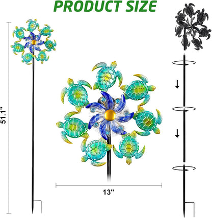 Sea Turtle Outdoor Solar Wind Spinners for Yard - 51" Metal Wind Sculptures Garden Stake with Color Changing LED Lights 360° Windmill Kinetic Spinner for Lawn Patio Decor
