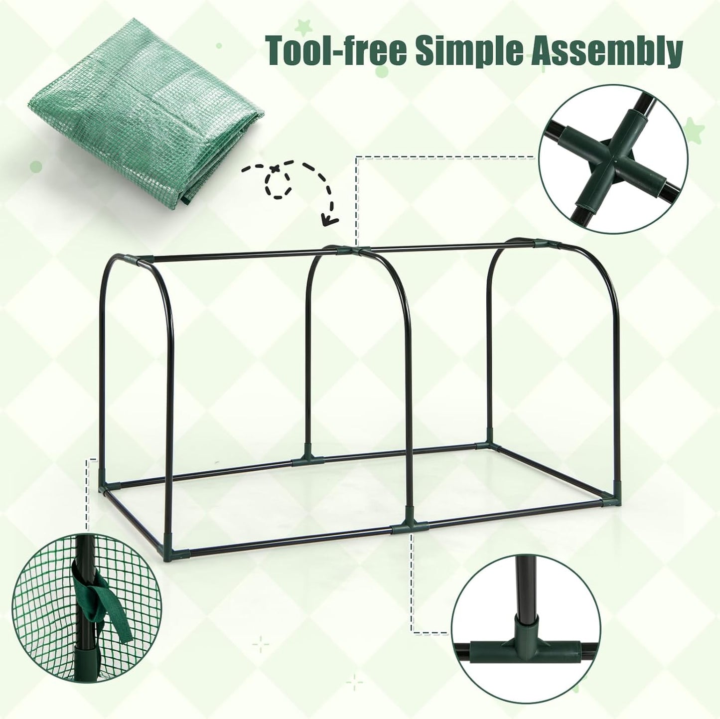 Happygrill Portable Mini Greenhouse, 47" x 22" x 24" Green House w/ Roll-up Zipper Door, Metal Frame, Waterproof Sun-Protective PE Cover, Small Greenhouses for Raised Garden Bed, Outdoor (Green)