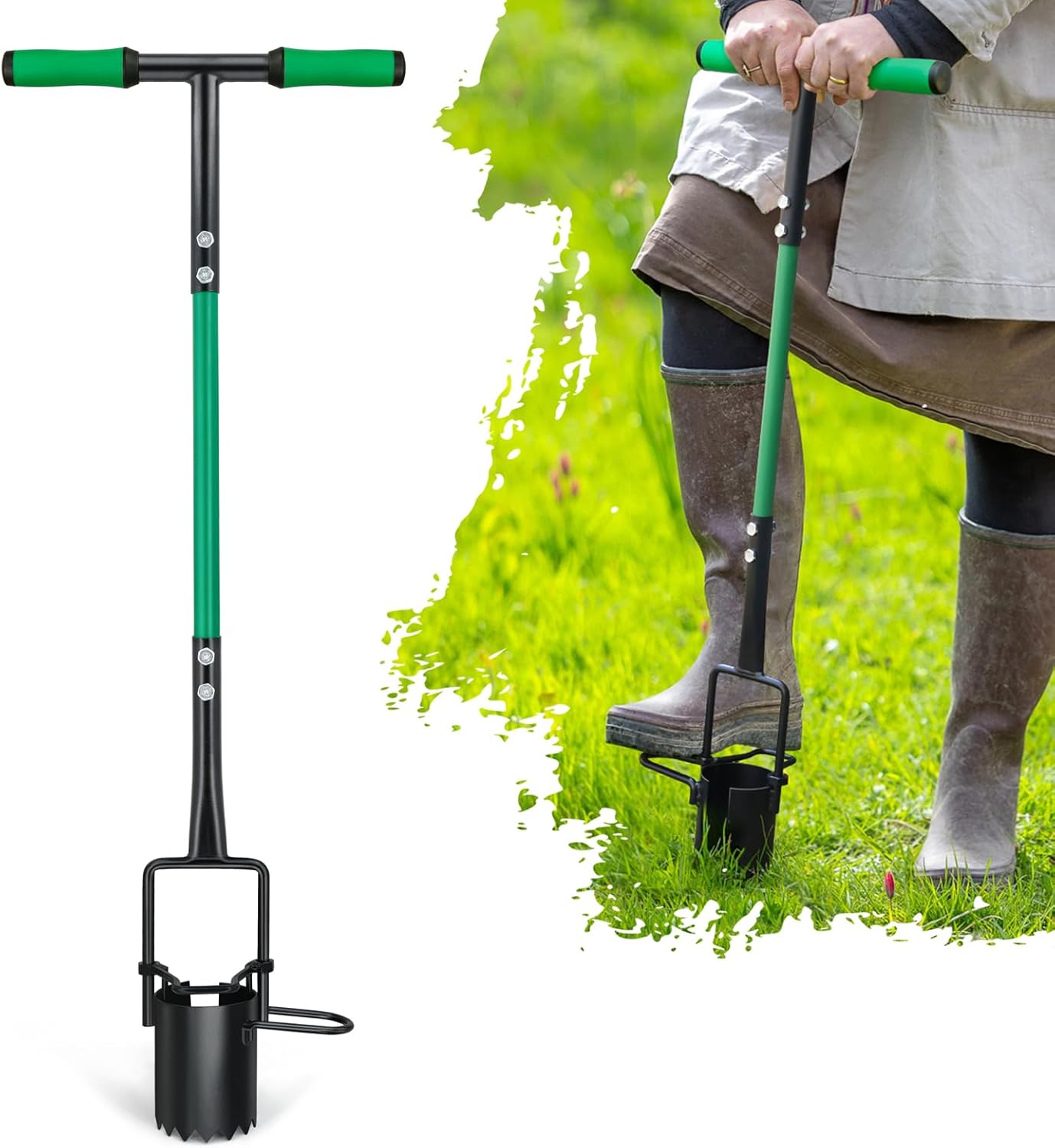 Bulb Planter Tool, Sod Plugger with Long Handle Serrated Base, 5-in-1 Lawn Plug Garden Tool for Transplanting, Digging, Grass Plug, Soil Sampler, Planting for Tulips, Iris, Daffodils