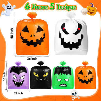 Qilery 6 Pcs Halloween Leaf Lawn Bags Plastic Pumpkin Trash Bags for Leaves with Twist Ties for Halloween Yard Garden Outdoor Party Favors Decorations
