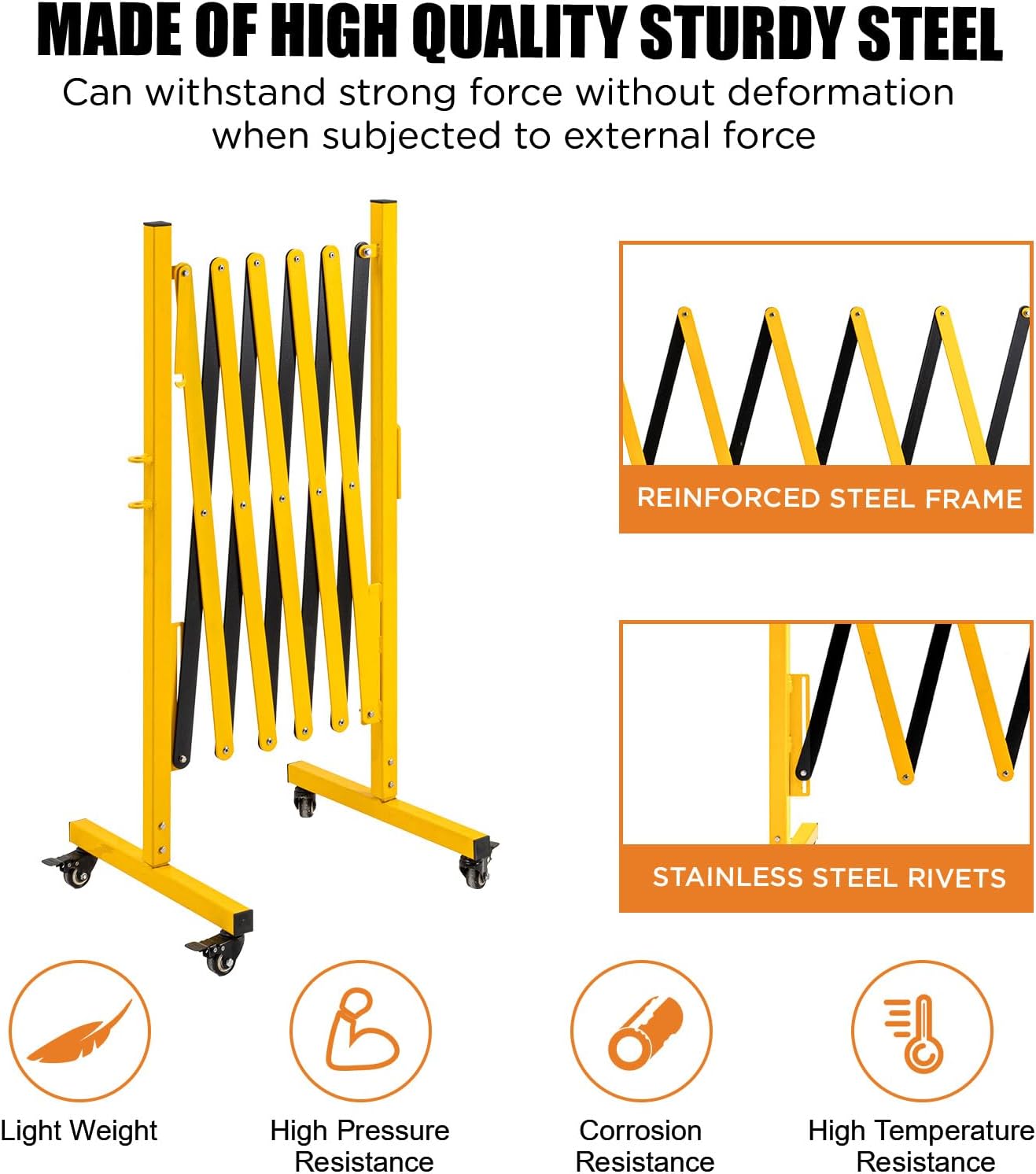 TECSPACE Industrial Expandable Metal Barricade, Expansion Size 8.2 FT, Yellow and Black, Durable Steel Safety Barricade with casters, Flexible Mobile Barrier Gate, Adjustable Traffic Fence