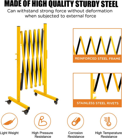 TECSPACE Industrial Expandable Metal Barricade, Expansion Size 8.2 FT, Yellow and Black, Durable Steel Safety Barricade with casters, Flexible Mobile Barrier Gate, Adjustable Traffic Fence
