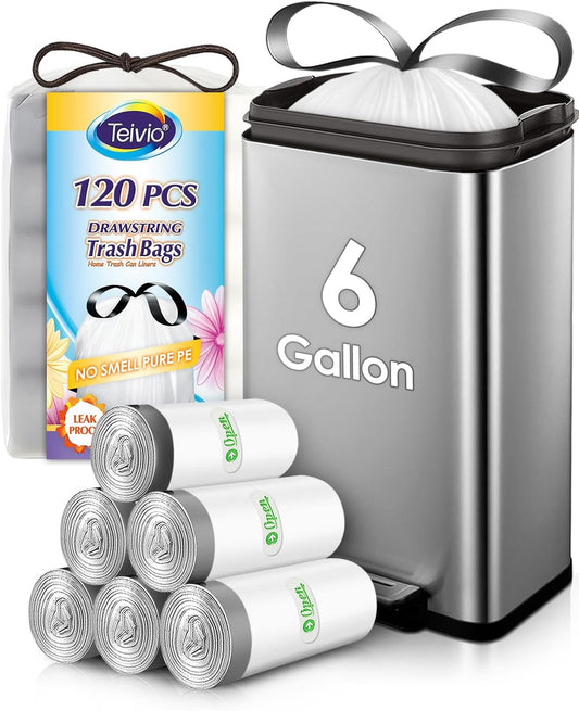 6 Gallon 120pcs Strong Drawstring Trash Bags Garbage Bags by Teivio, Bathroom Trash Can Bin Liners, Plastic Bags for home office kitchen, White