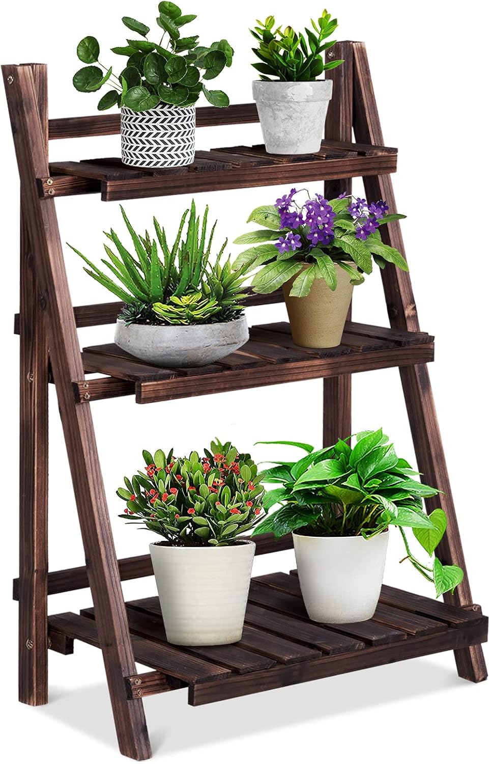 Giantex 3 Tier Folding Wooden Plant Stand, Indoor Flower Pot Holder Display Rack, Free Installation Corner Plants Storage Shelf, Foldable Rustic Wood Ladder Shelf for Home Patio Balcony Garden