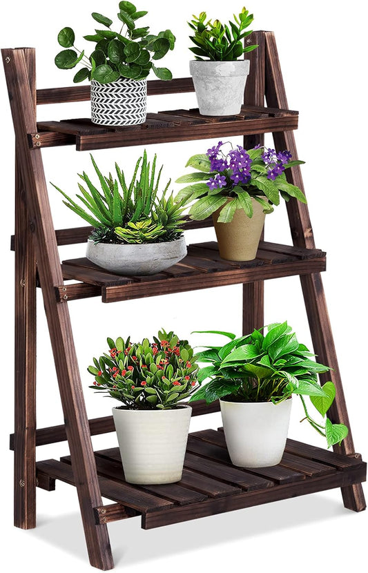 Giantex 3 Tier Folding Wooden Plant Stand, Indoor Flower Pot Holder Display Rack, Free Installation Corner Plants Storage Shelf, Foldable Rustic Wood Ladder Shelf for Home Patio Balcony Garden