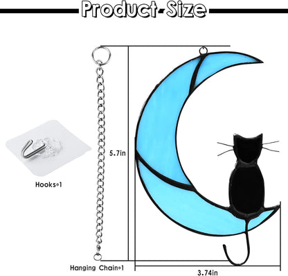 Cat Memorial Gifts Stained Glass Black Cat Decor Window Hanging Ornament Garden Suncatcher Gifts for Cat Lover Cat Gift for Women (Black Cat on Blue Moon)