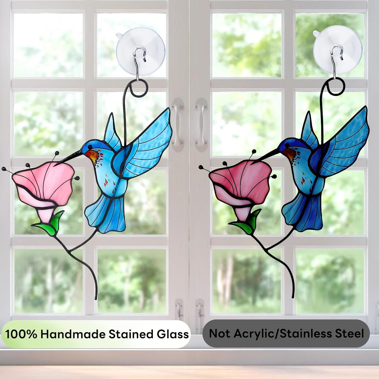 Handmade Stained Glass Hummingbird Suncatcher, Blue Bird with Pink Flower Window Hanging Decor, Art Glass Ornament, Unique Gifts for Mom, Bird Lovers & Home Decoration