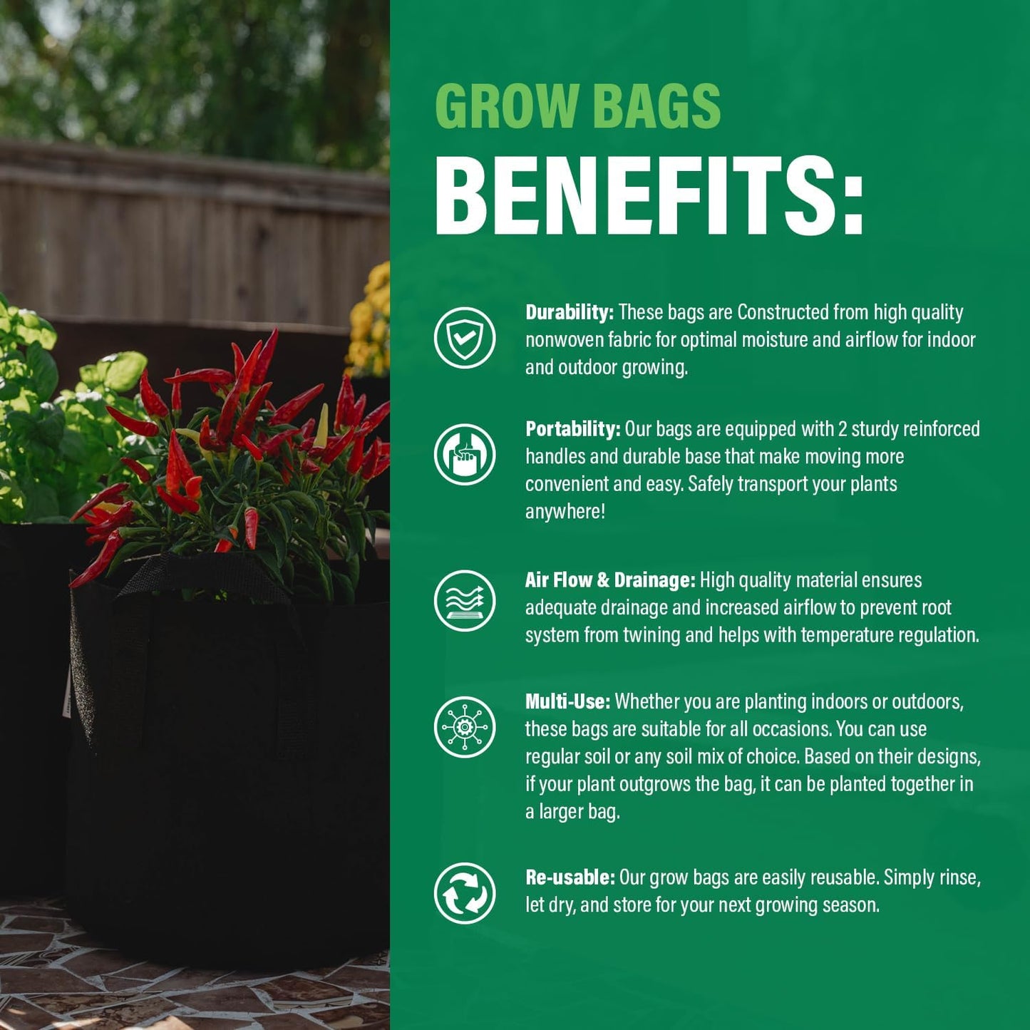 Humboldts Secret Fabric Grow Bags - Non Woven Fabric Plant Pots - Reusable Garden Bags - Plant Grow Bags for Indoor and Outdoor Plants - Thick Fabric Pots with Handles (5-Pack) (7 Gallon)